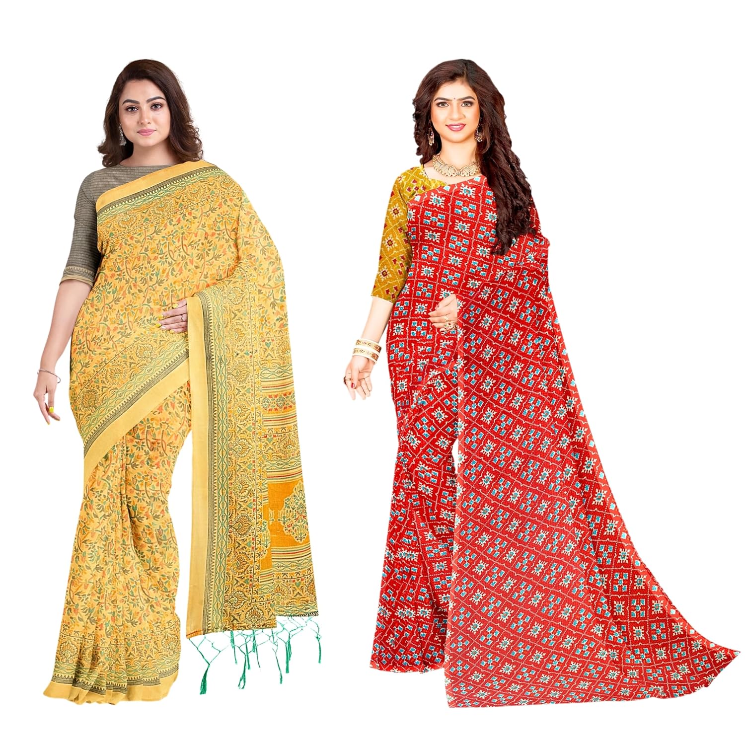 Hira Silk Kalamkari and Tussar Silk Saree for Women with Unstitched Blouse Piece - Pack of 2