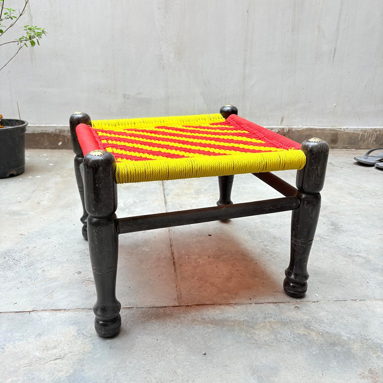 santarms Kid's Wooden Mudda Pidha Chair | Rajwadi Machiya Rest Stool | Strong Rope Woven Pidha, Handmade Khatli Rope Bajot for Pooja