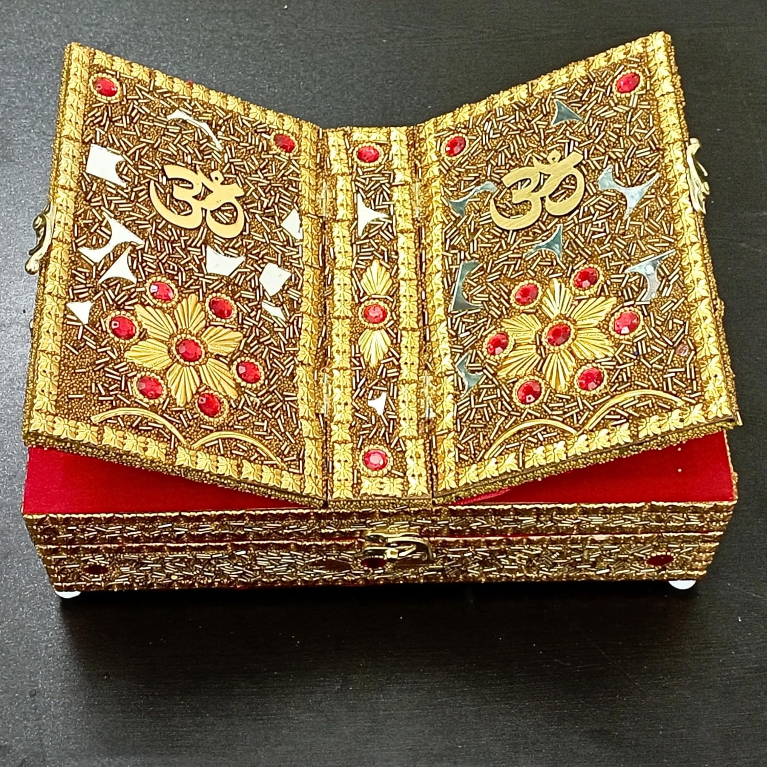Santarms Handmade Wooden Geeta Box with Foldable Stand, Universal Book Holder for Bhagwat Geeta, Ramayan, and Pooja Path, Decorative Golden Wood Book Stand Box for Home Temple