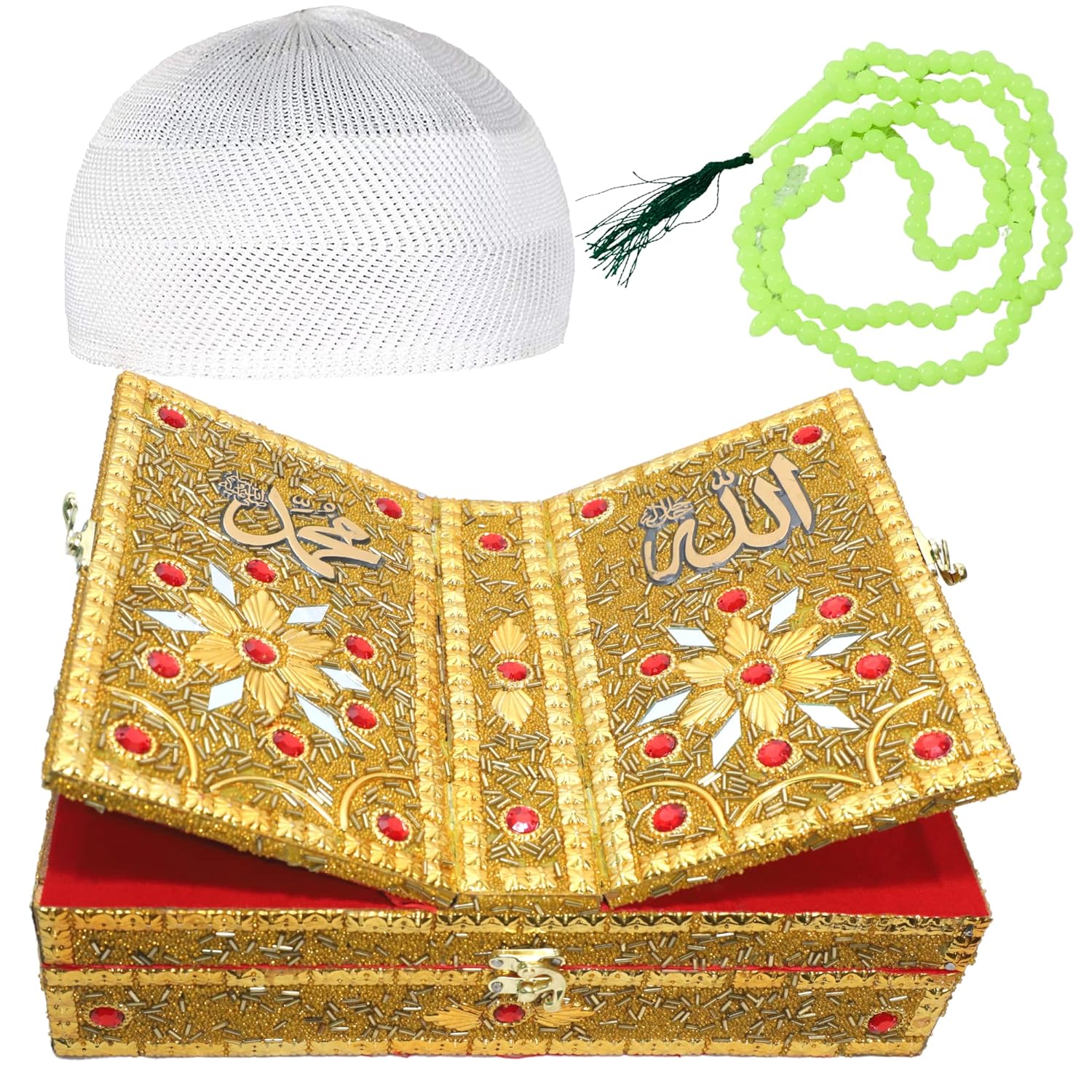 santarms Handmade Foldable Wooden Quran Sharif Box with Rehal | Holy Quran Book Stand | Includes Islamic Prayer Cap (Namaz Topi) and Tasbeeh Chanting Prayer Counter | Ideal Eid Gift | 1 Piece