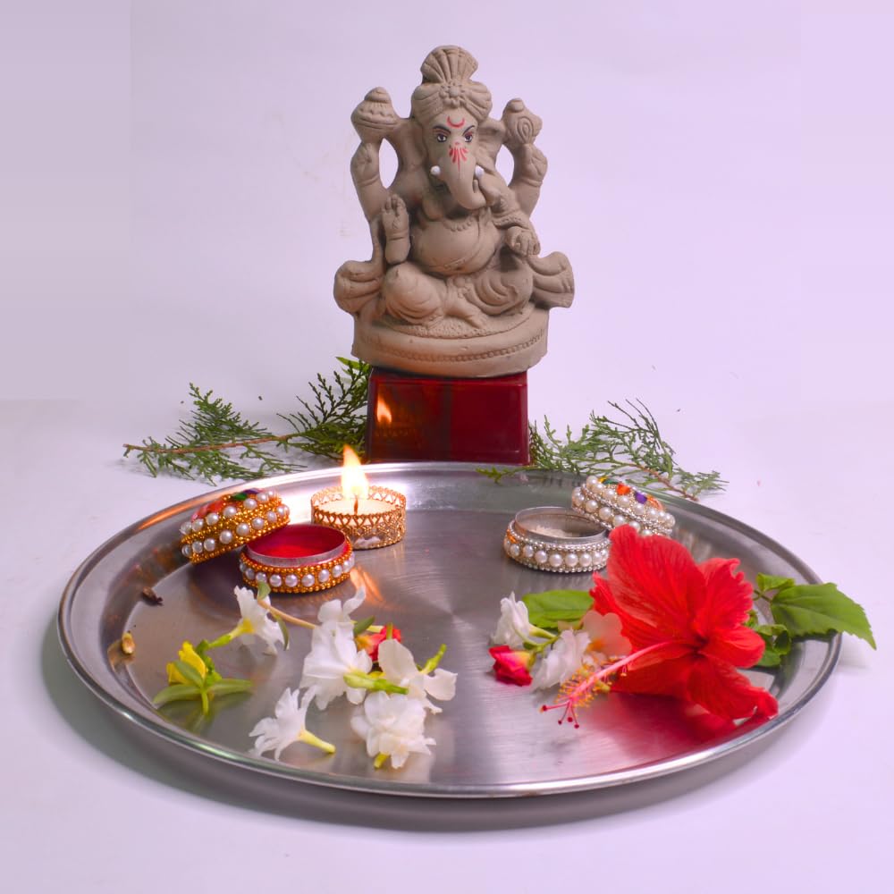 santarms: Eco Friendly Handcrafted Clay/Mud Ganpati Murti Biodegradable Kacchi Mitti Ganesha Water Soluble Ganesh Idol for Visarjan (H:6.5 Inch, Medium),Natural Grey with Flower Seeds for Gifts