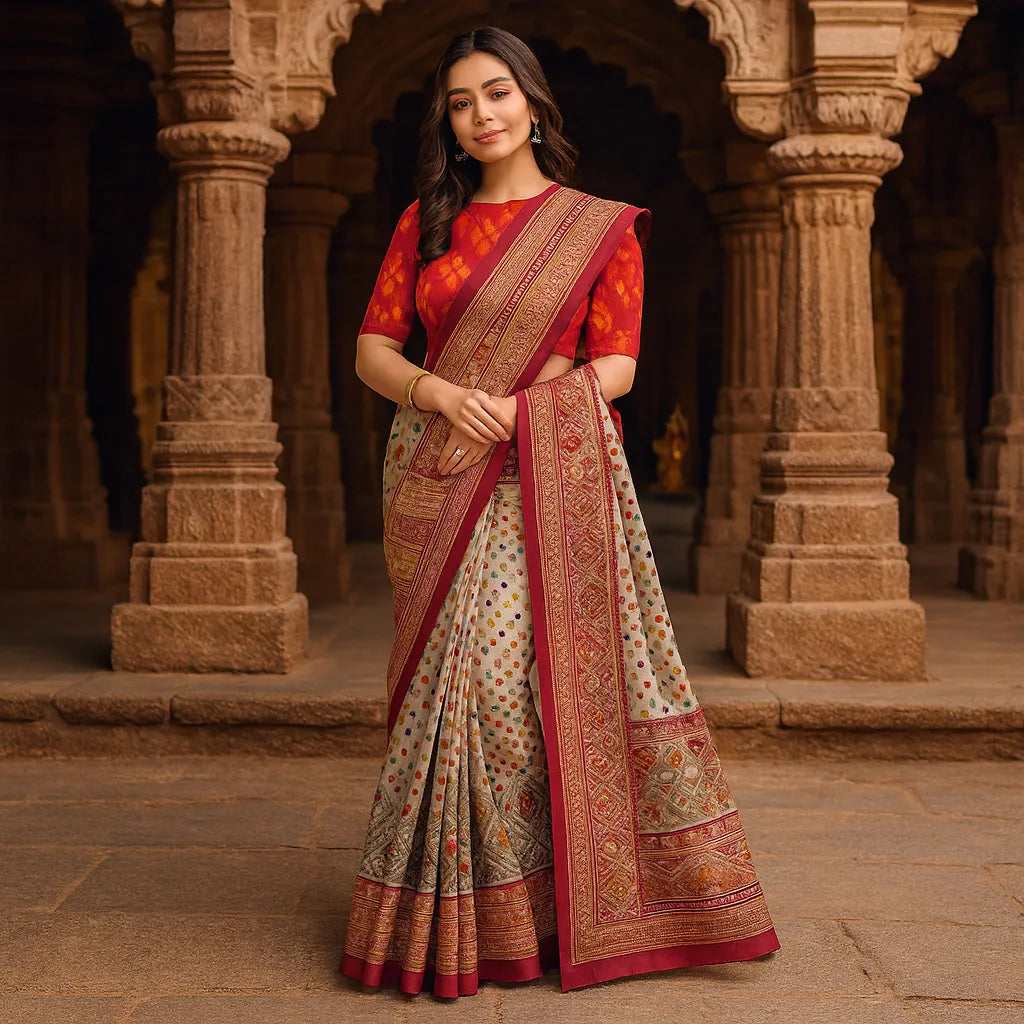 Elegant Hira Silk Kanjivaram Printed Cotton Silk Saree with rich motifs and unstitched blouse piece. Perfect for weddings, festivals & traditional functions.