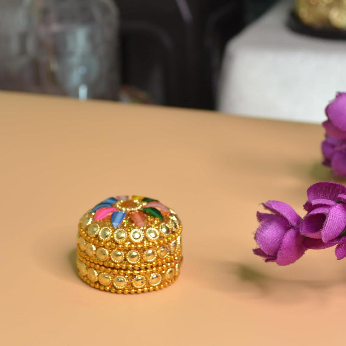 Handmade golden sindoor box with moti beadwork – Santarms handicraft