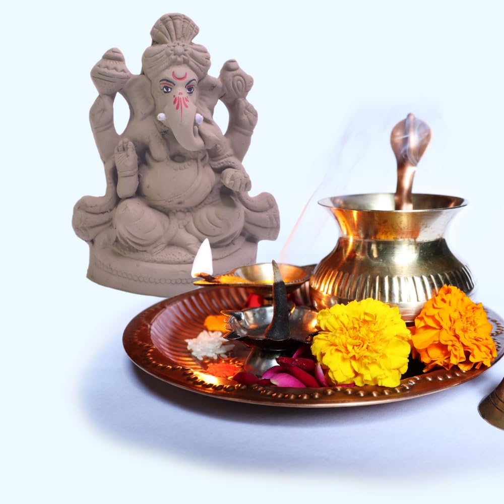santarms Eco Friendly Handcrafted Clay/Mud Ganpati Murti Biodegradable Kacchi Mitti Ganesha Water Soluble Ganesh Idol for Visarjan (H:6.5 Inch, Medium),Natural Grey with Flower Seeds for Gifts