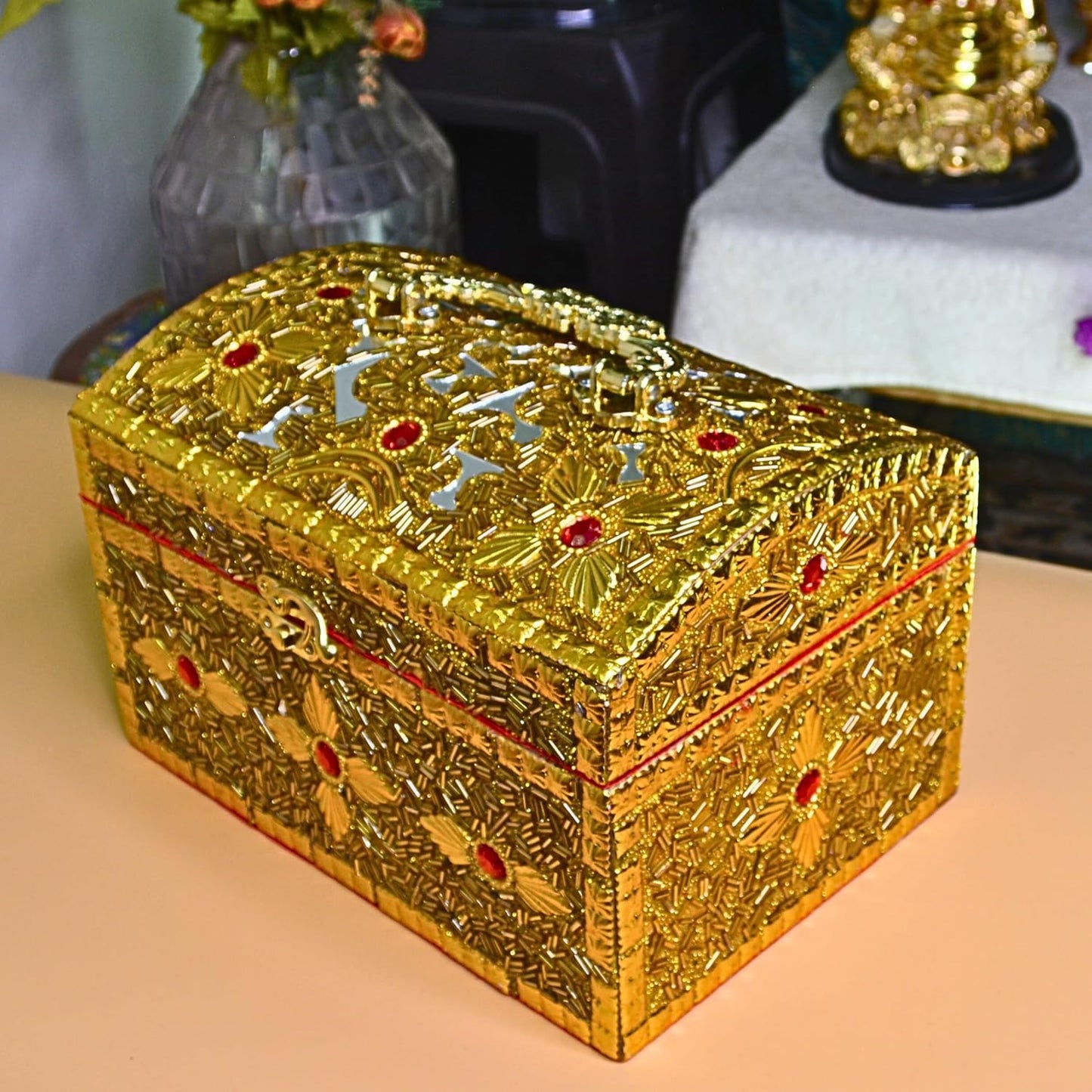 Golden Red Beadwork Jewellery Box – Made in India