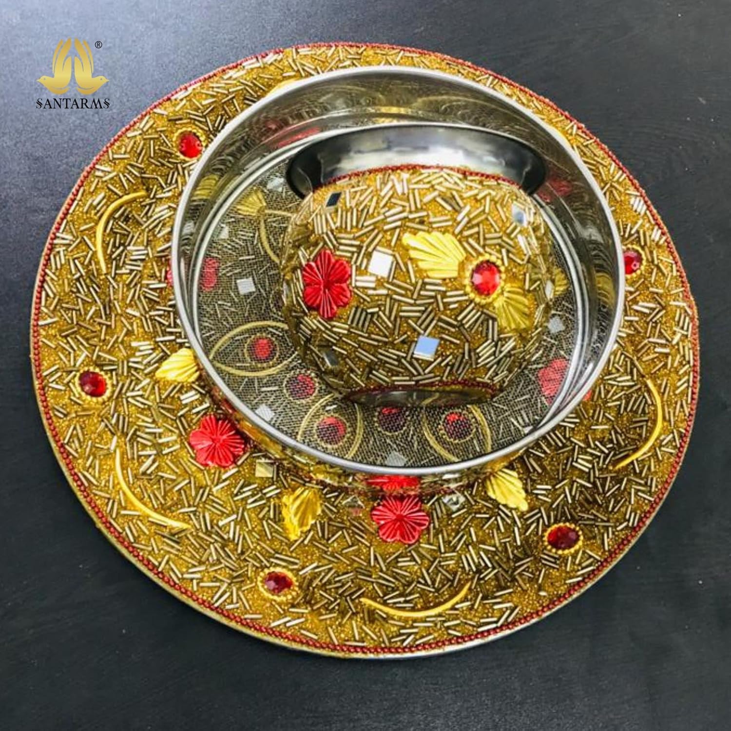 Handcrafted Golden Pooja Thali for Karwa Chauth Festival