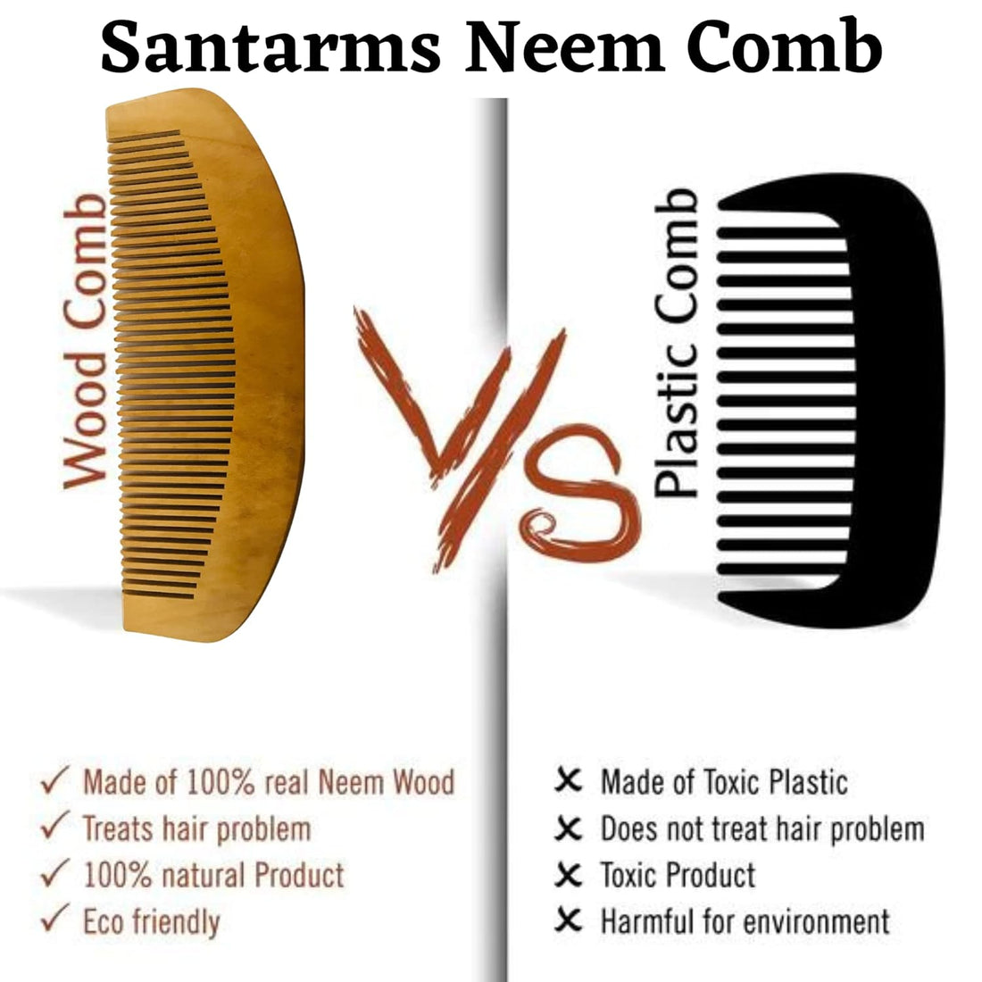 Santarms Neem Comb, Wooden Comb | Hair Growth, Hair fall, Dandruff Control | Hair Straightening, Frizz Control | Comb for Men, Women (1 Pcs)