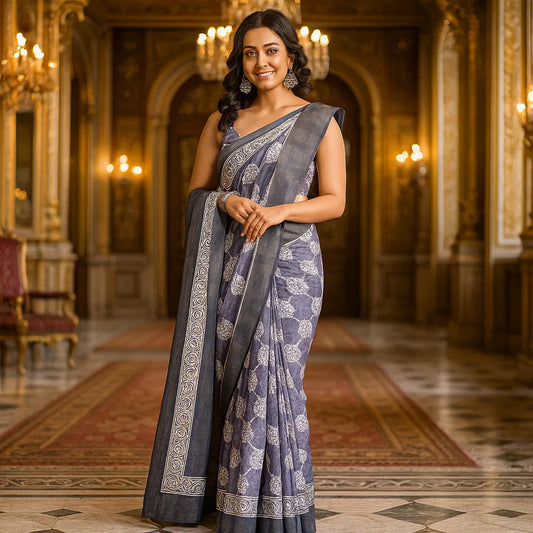 traditional saree standing in an ornate room with chandeliers santarms hira silk