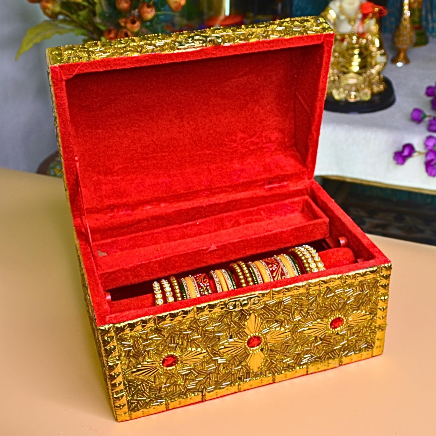 Santarms Golden Red Wooden Jewellery & Bangle Box – Antique Style