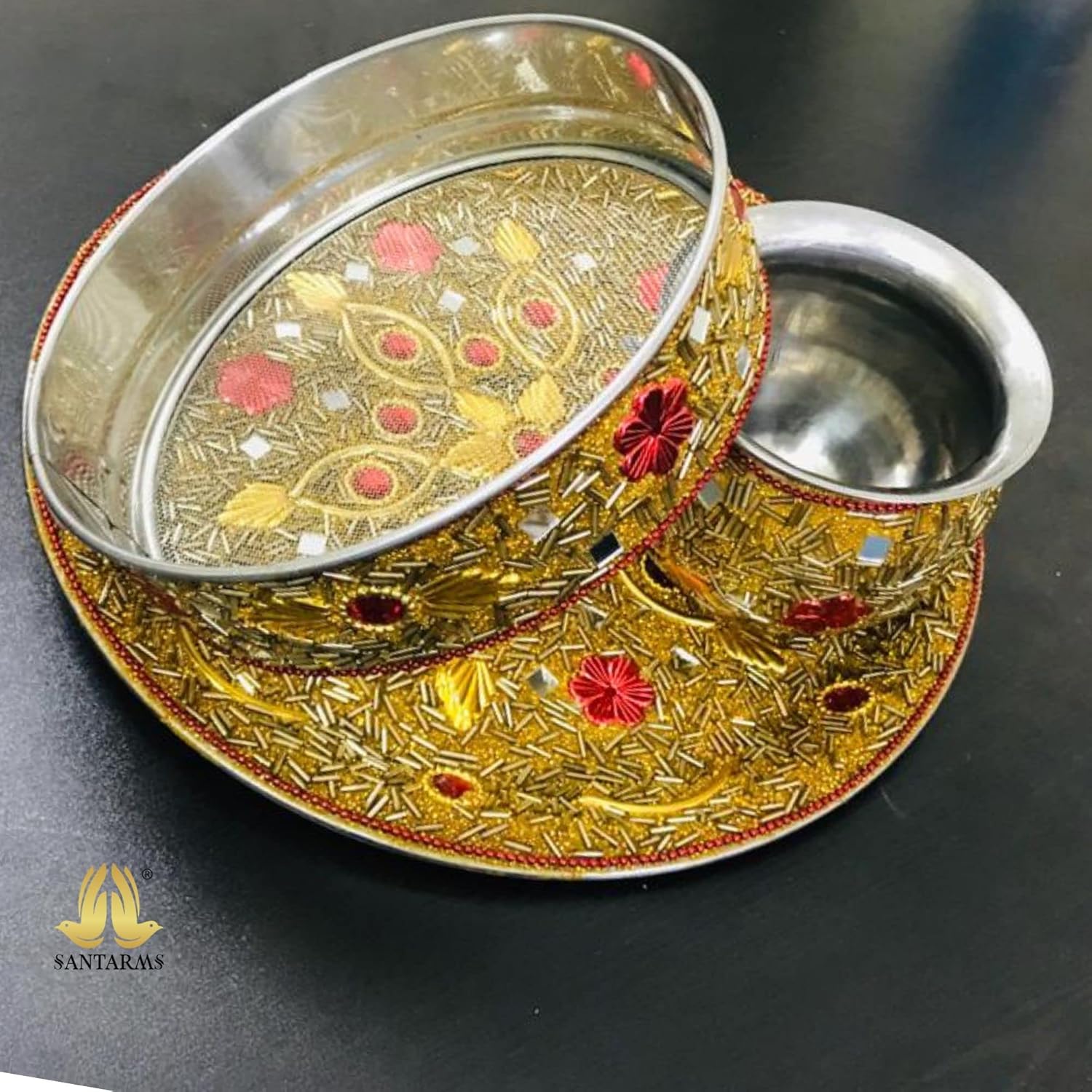 Santarms Golden Steel Thali with Moon Sieve – Handmade Set