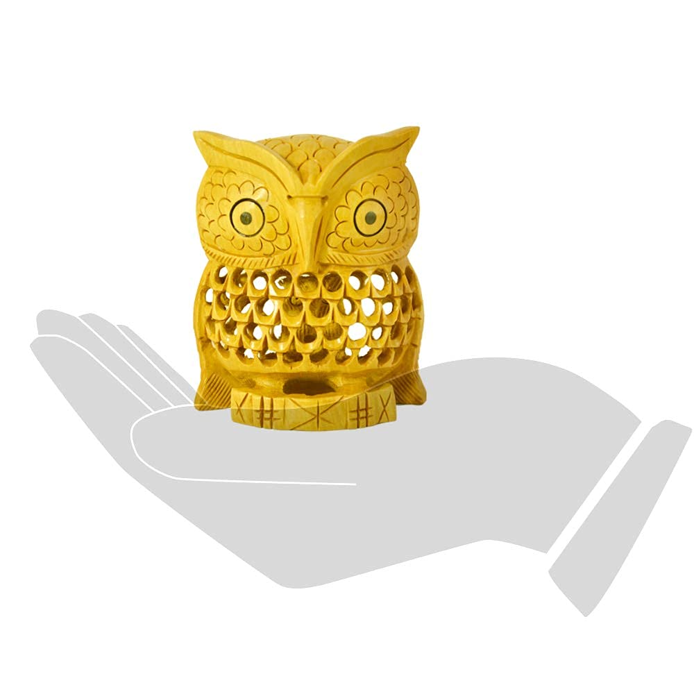 Santarms Hand-made Wooden Jali Owl Showpiece – Golden Home & Office Décor Gift
