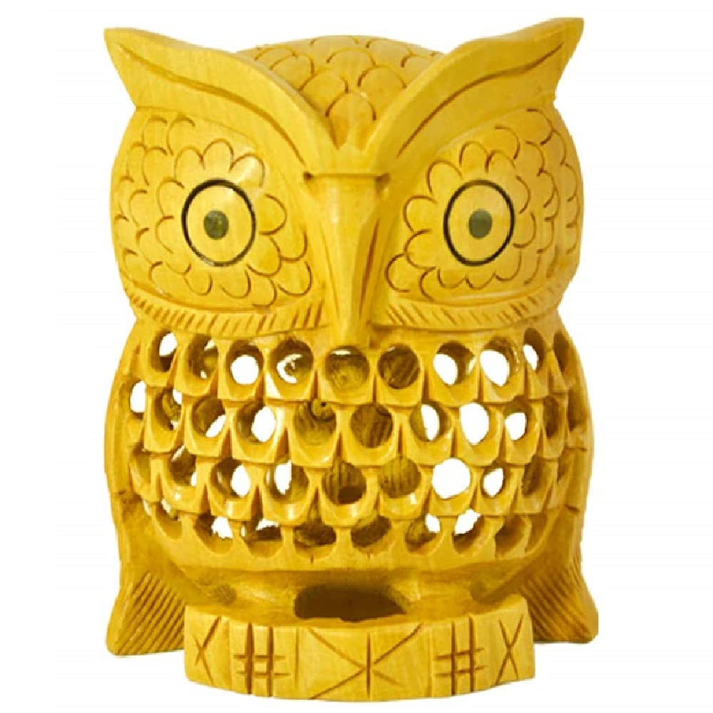 Santarms Handmade Wooden Jali Owl Showpiece – Golden (8 cm)