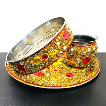 Santarms Karwa Chauth Thali Set with Lota & Channi – Golden Steel
