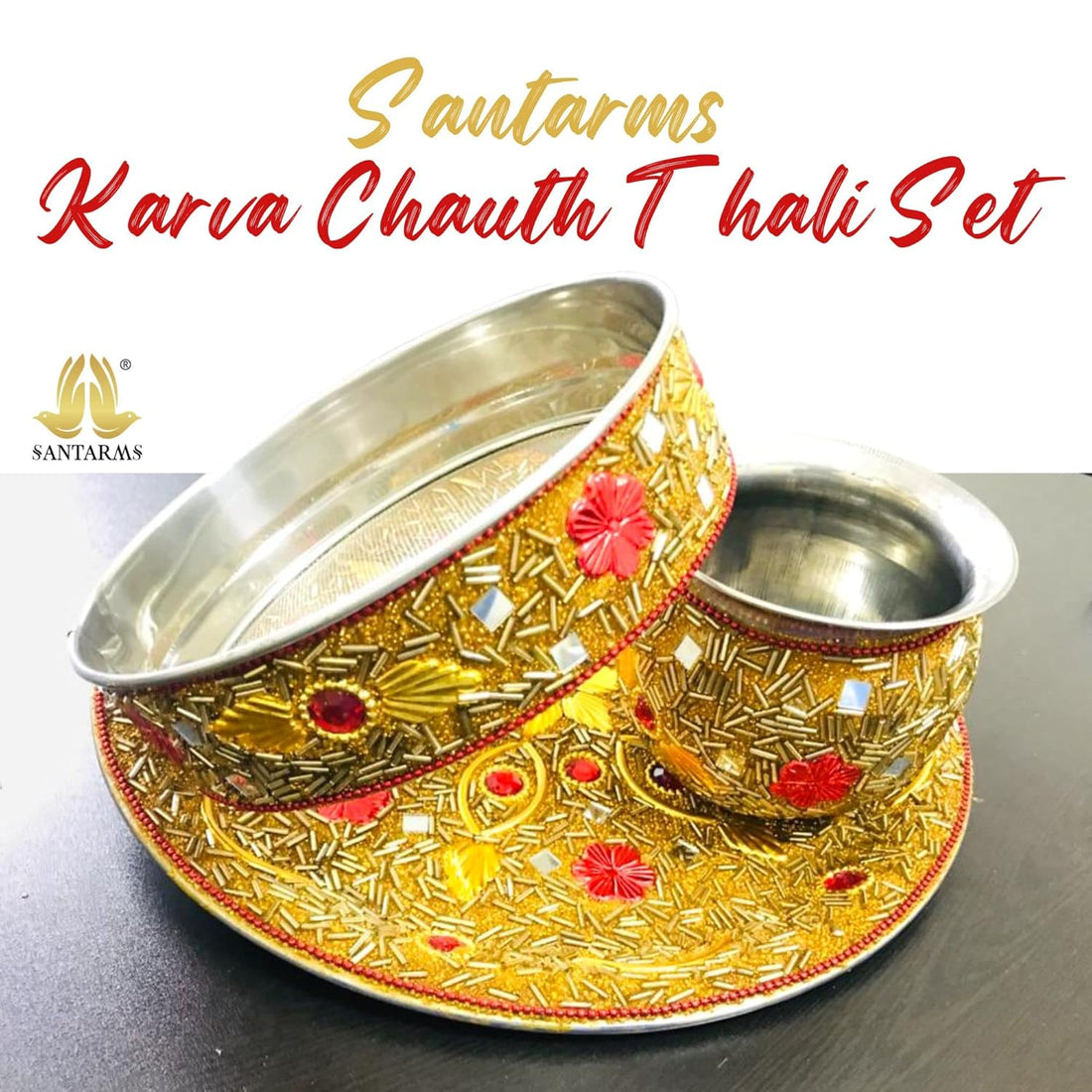 Santarms Karwa Chauth Thali Set with Lota & Channi – Golden Steel