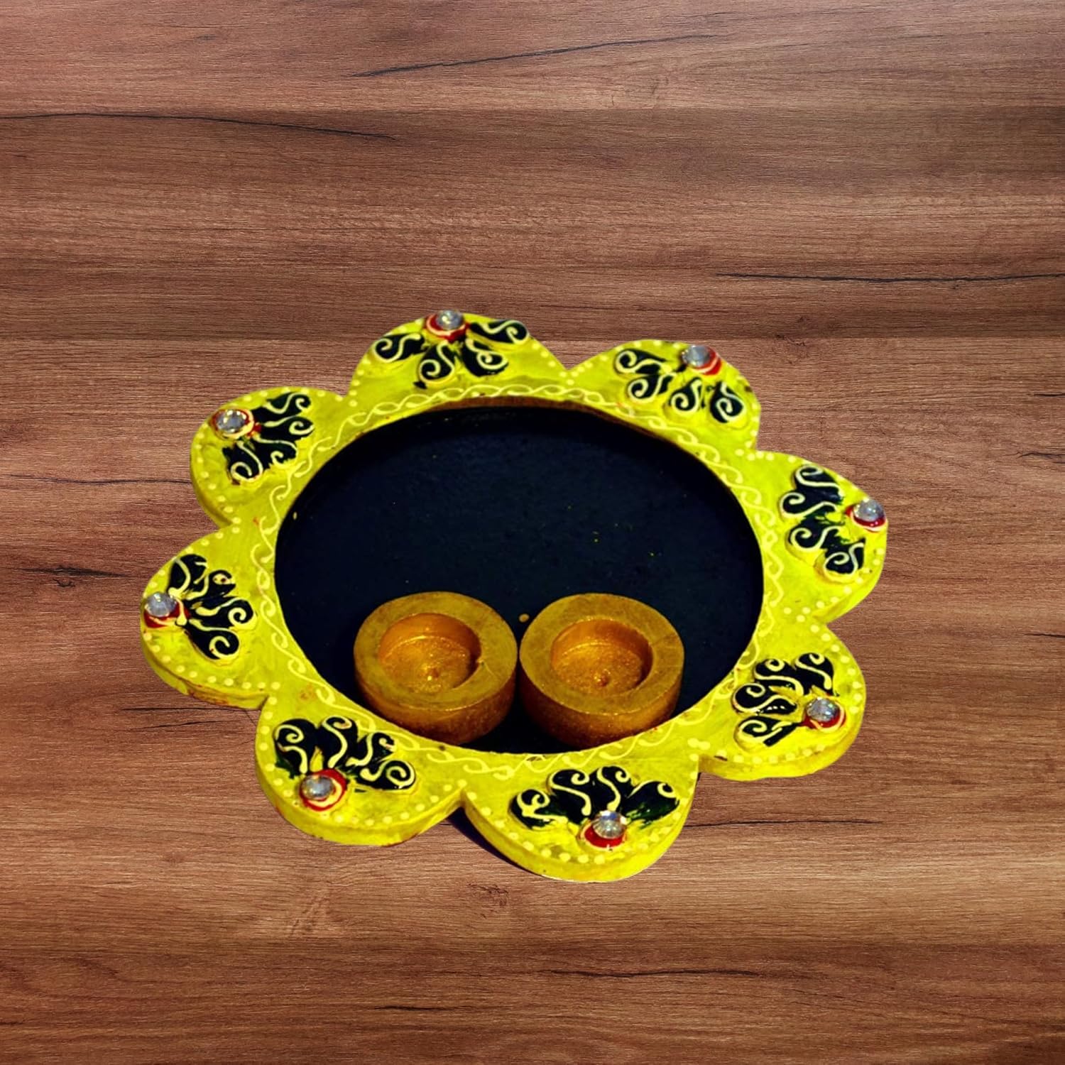 Santarms Wooden Pooja Thali for Puja and Rakhi - Handcrafted Flower Shape Yellow Thali, Perfect for Tilak and Rituals | Elegant and Decorative Pooja Plate | Pack of 1