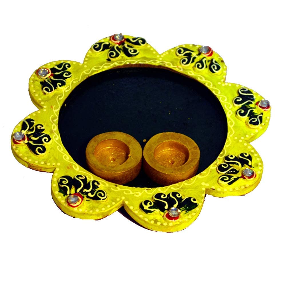 Santarms Wooden Pooja Thali for Puja and Rakhi - Handcrafted Flower Shape Yellow Thali, Perfect for Tilak and Rituals | Elegant and Decorative Pooja Plate | Pack of 1