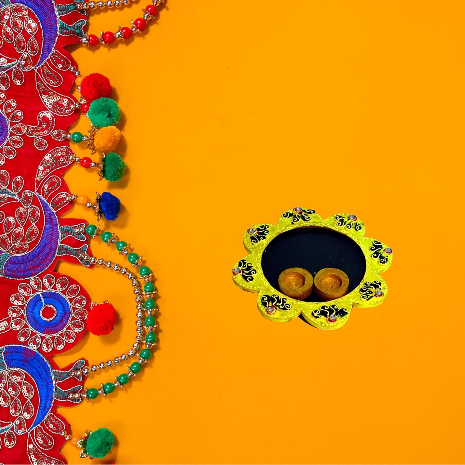 Santarms Wooden Pooja Thali for Puja and Rakhi - Handcrafted Flower Shape Yellow Thali, Perfect for Tilak and Rituals | Elegant and Decorative Pooja Plate | Pack of 1