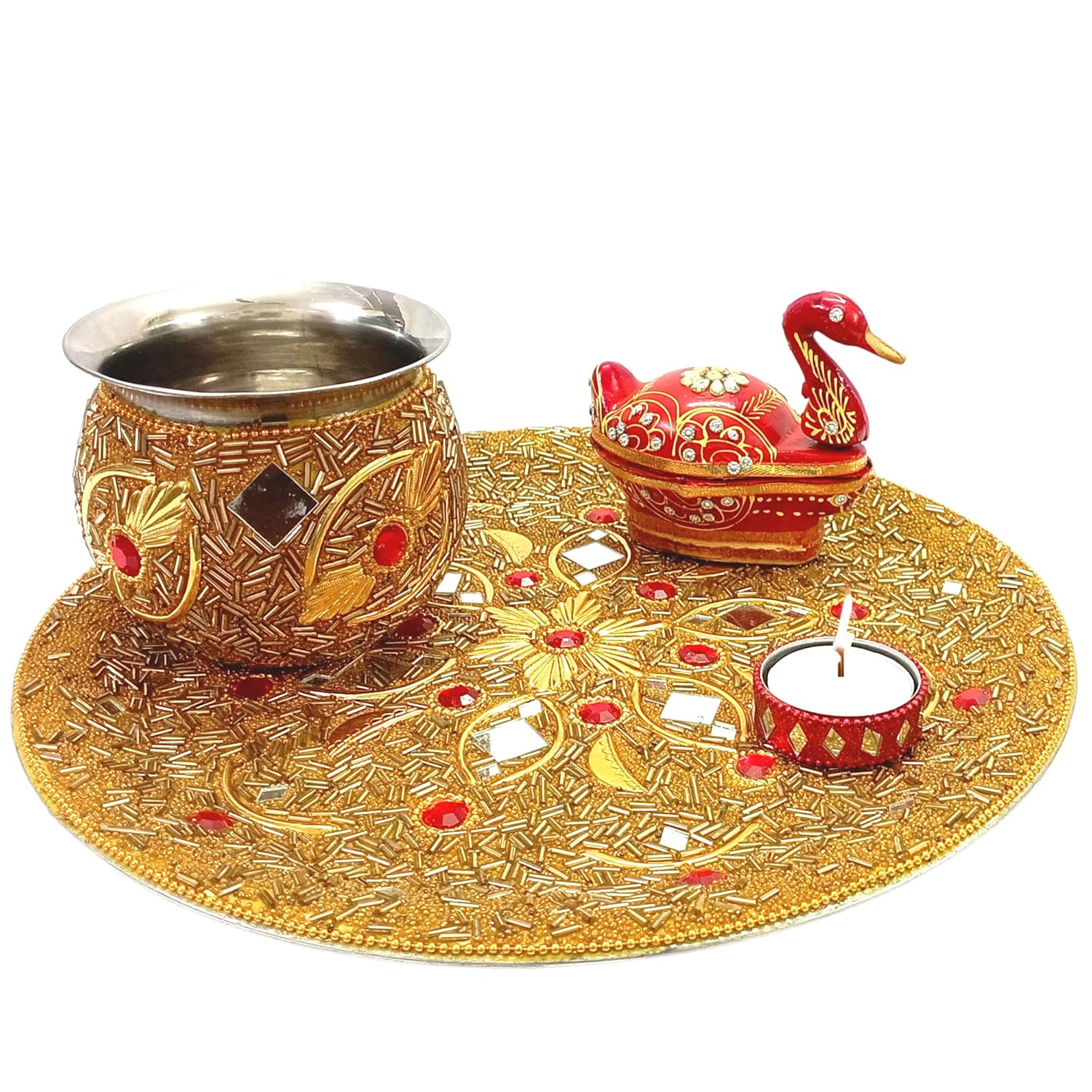 Santarms decorative pooja thali set with kumkum box and diya