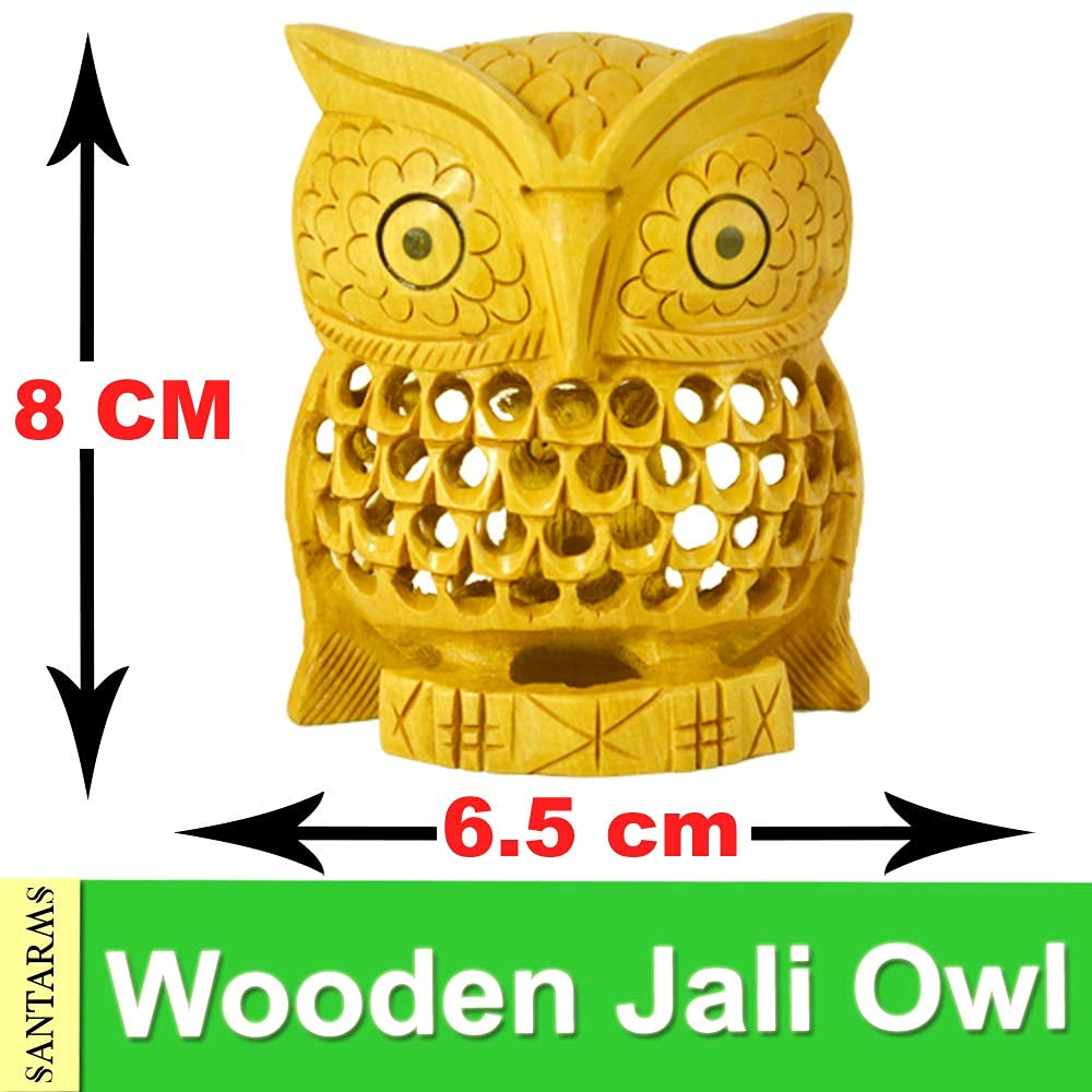 Santarms Handmade Wooden Jali Owl Showpiece – Golden (8 cm)