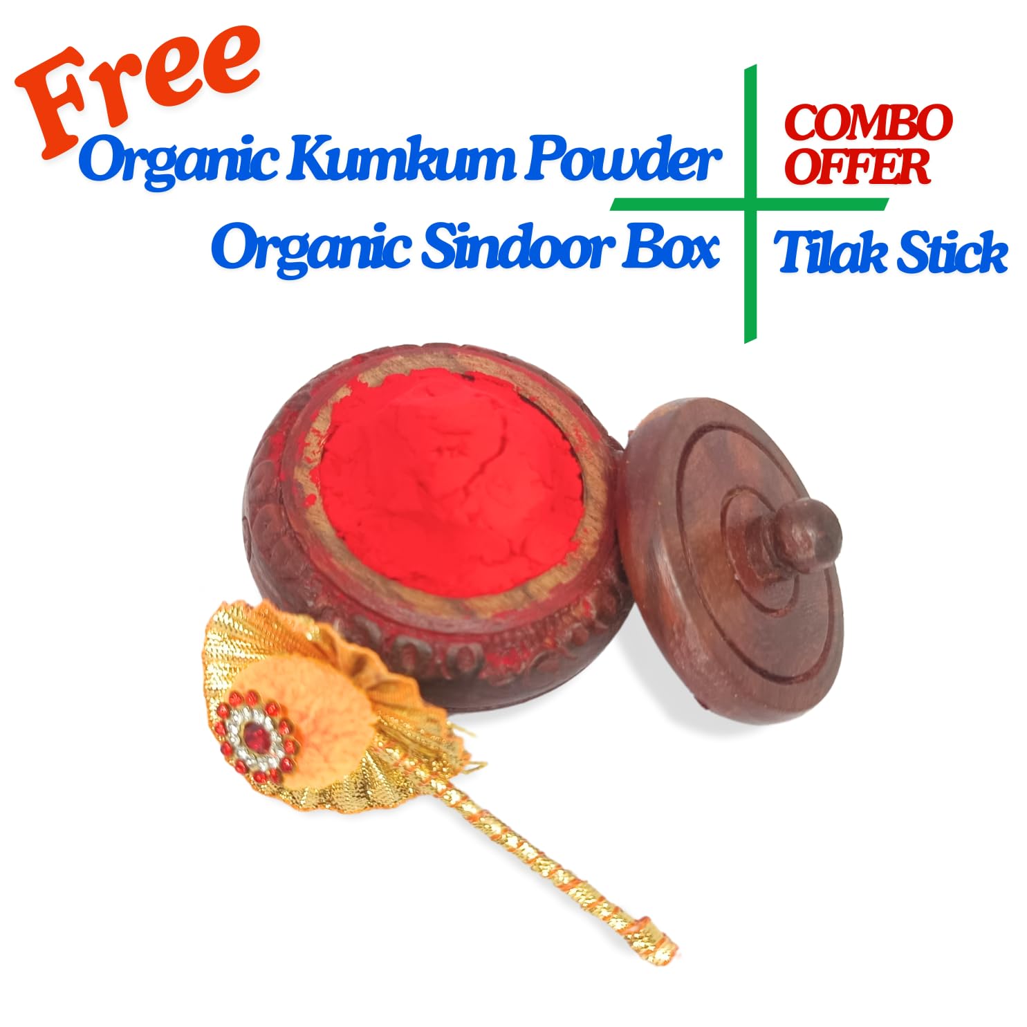Wooden Sindoor box open view with stick and free red sindoor