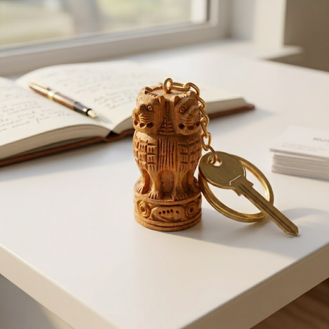A small carved wooden keychain with a lion motif and a gold-tone key, placed on a white desk next to an open notebook and pen.