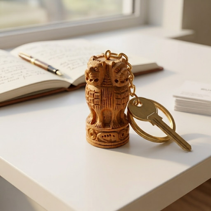 A small carved wooden keychain with a lion motif and a gold-tone key, placed on a white desk next to an open notebook and pen.
