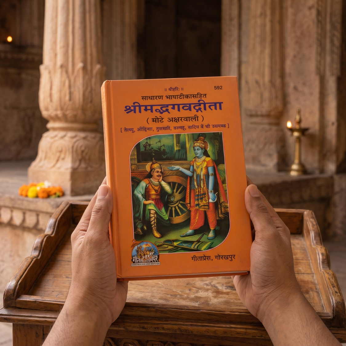 A person holds an orange hardcover book titled 'Shri Madhva Bhagavad Gita' in front of a blurred temple interior with stone pillars and a brass lamp.