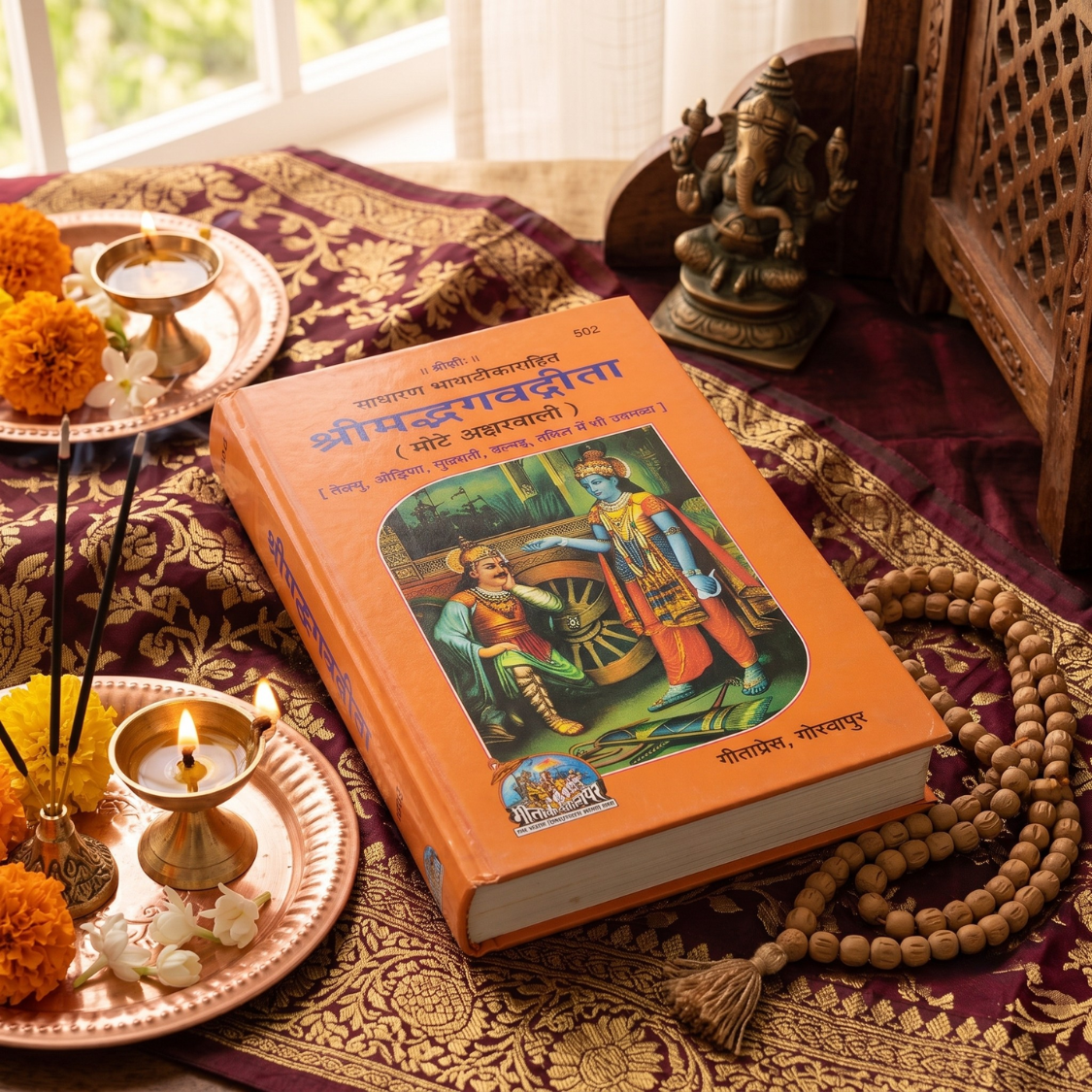 A hardcover book titled 'Shrimad Bhagavad Gita' in Hindi is displayed on an ornate patterned maroon and gold cloth, surrounded by traditional props including a brass lamp, incense sticks, marigold flowers, and wooden beads.