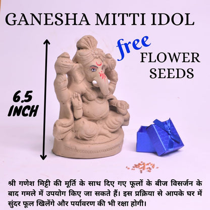 A 6.5-inch clay Ganesha idol shown on a light lavender background with promotional text reading 'GANESHA MITTI IDOL' and 'free FLOWER SEEDS,' plus a small blue wrapped gift and scattered flower seeds.