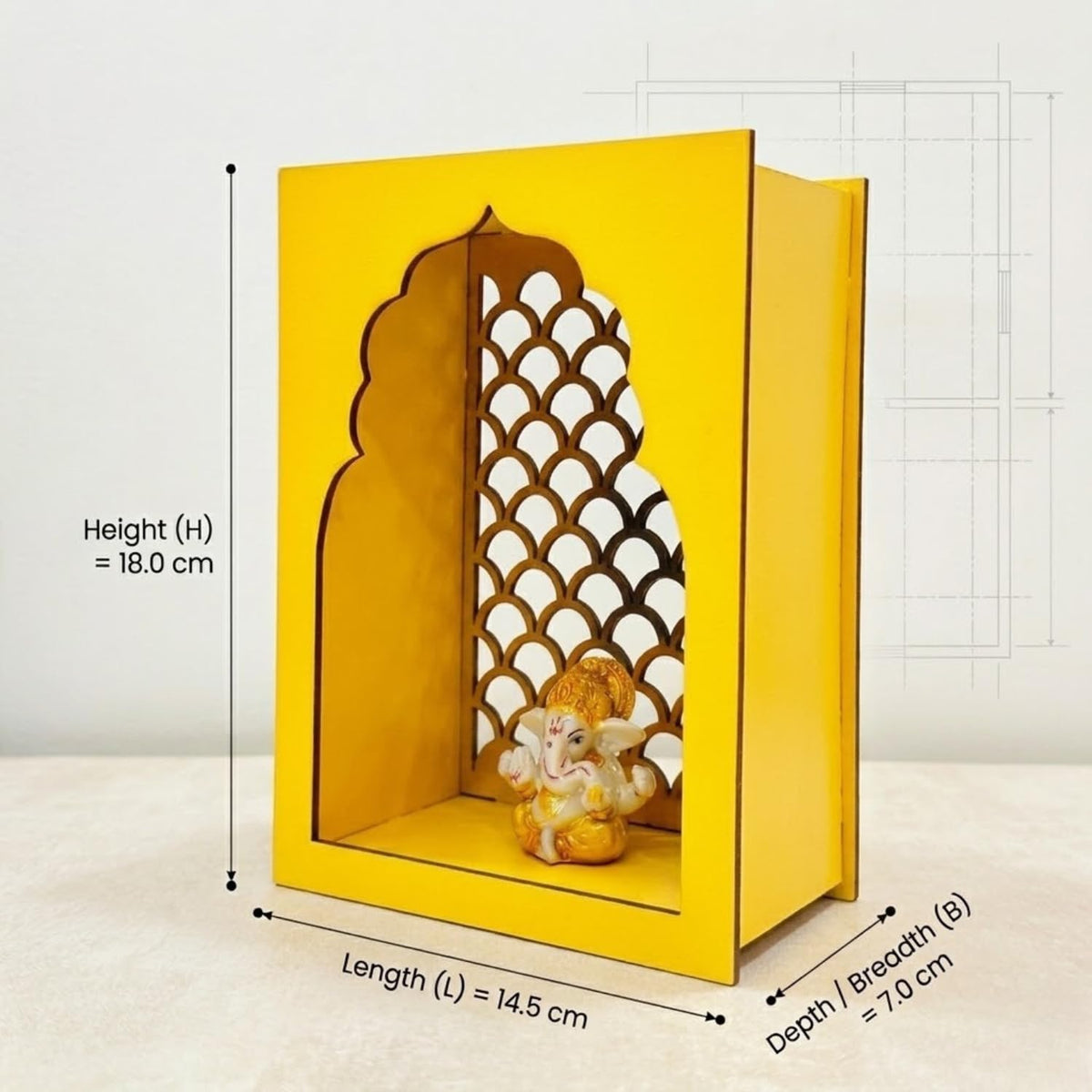 Yellow arched wooden Shiva Ganesha home altar box with dimension markings showing height, length, and depth.
