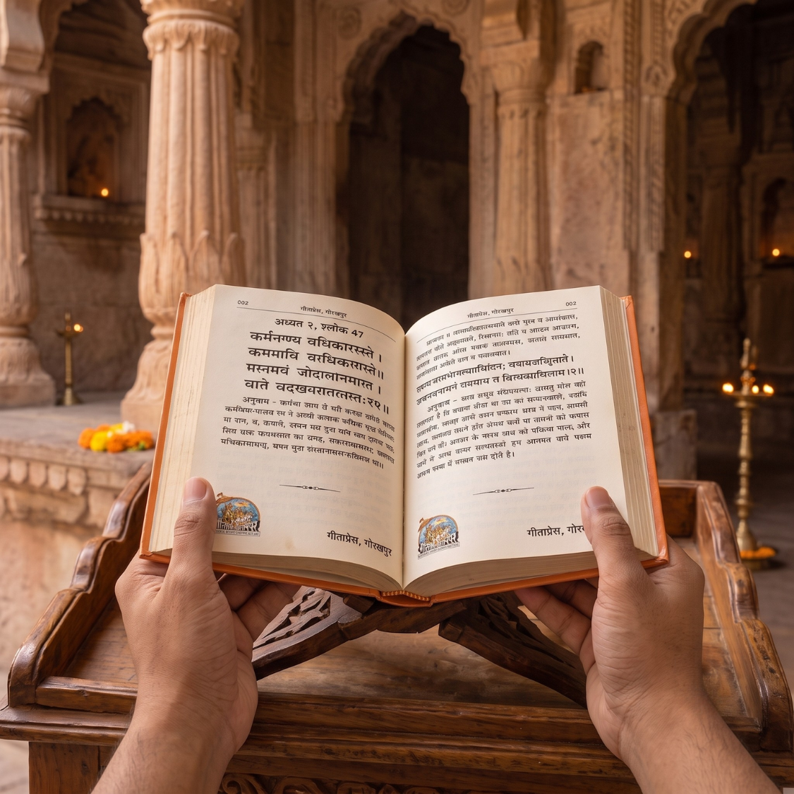 An open book with Devanagari text is held by two hands in front of an ornate stone temple interior with pillars and lit lamps.