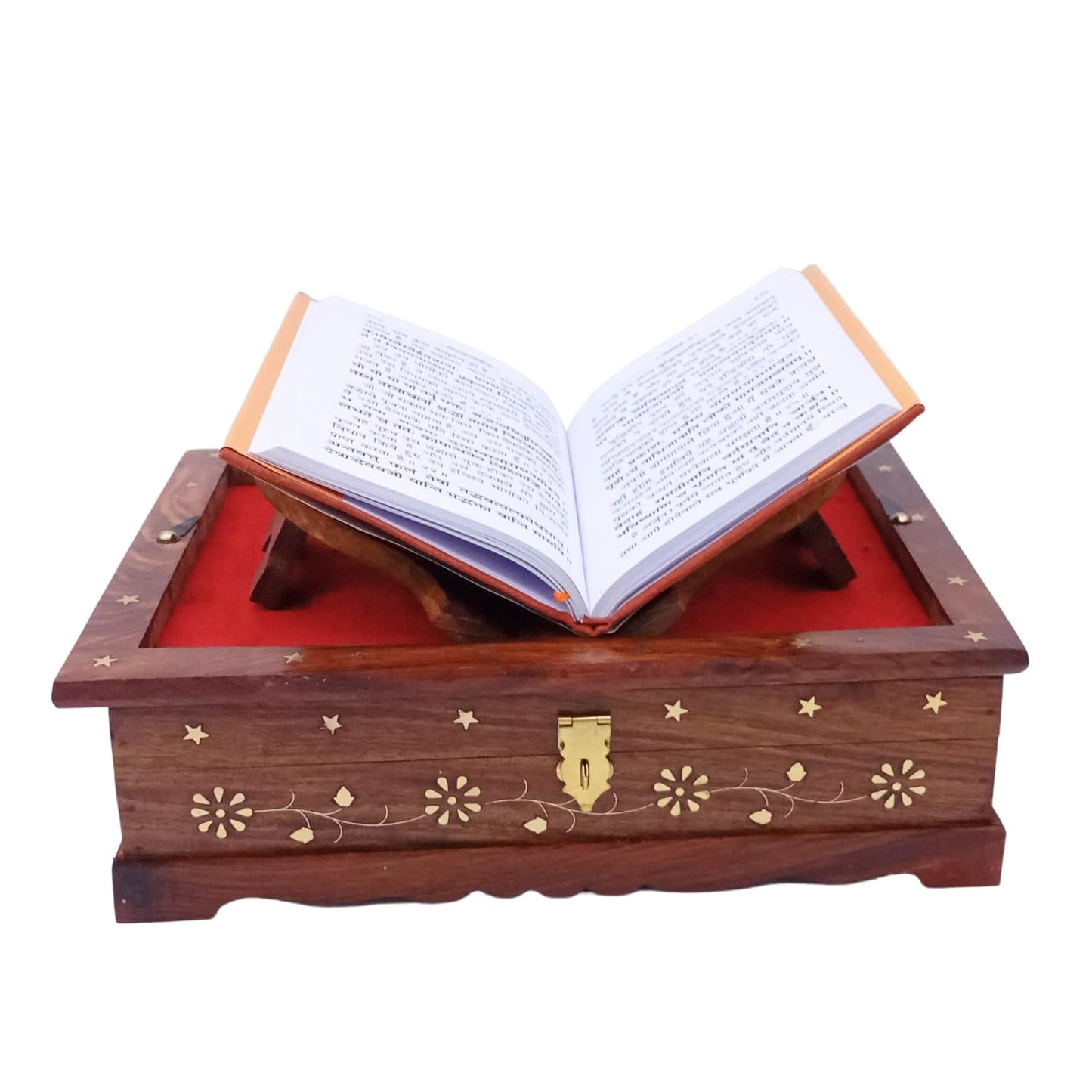 A wooden Quran stand and storage box set, featuring an open holy book resting on the stand inside a reddish-lined wooden box with gold floral and star inlays.