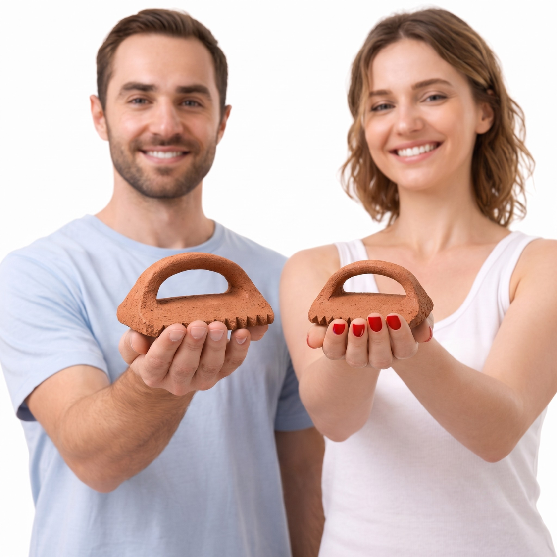 A smiling man in a light blue t-shirt and a smiling woman in a white tank top, both holding a small terracotta-colored hand tool with a loop handle over their hands against a plain white background.