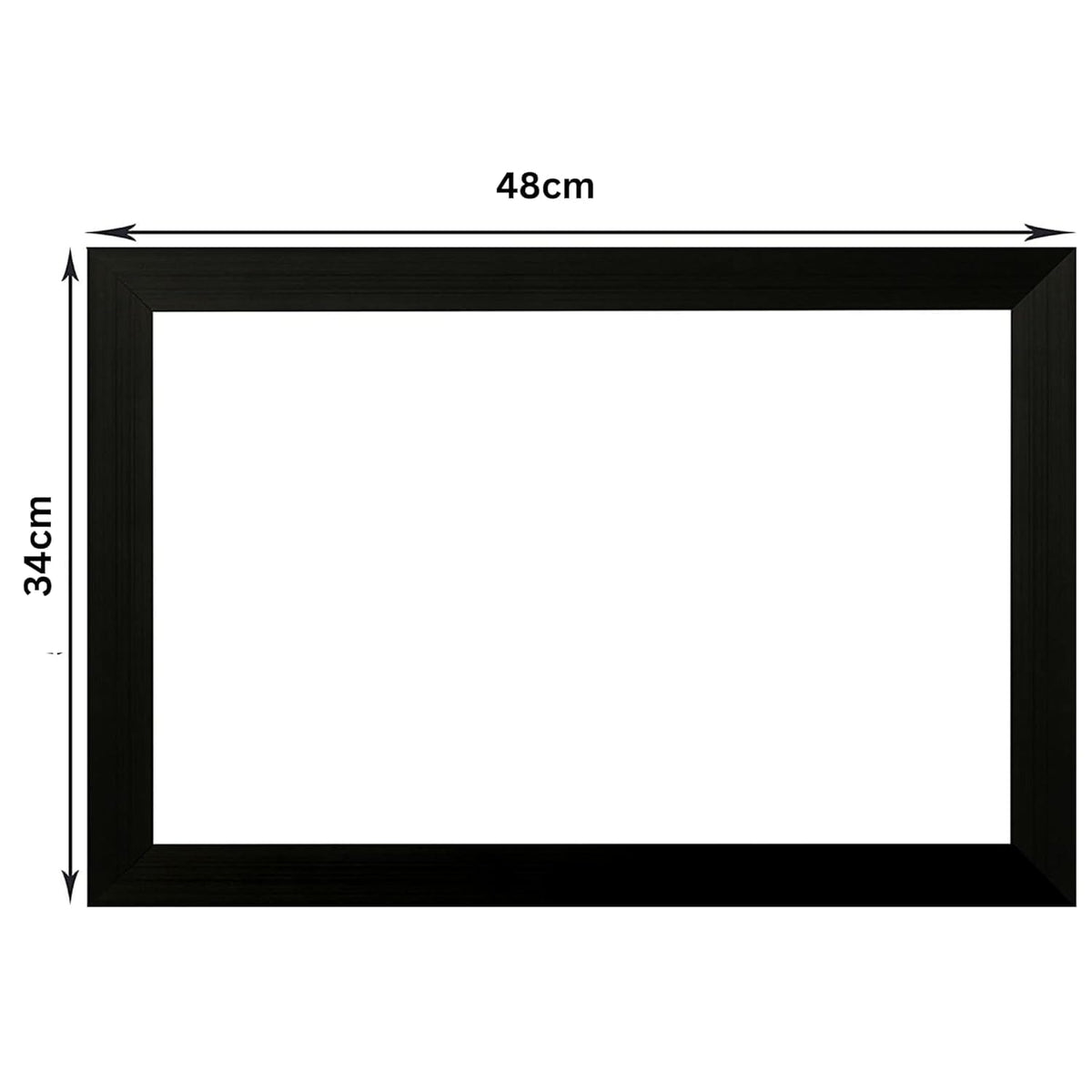 A black rectangular picture frame shown on a white background with dimension arrows and labels indicating 48 cm width and 34 cm height.