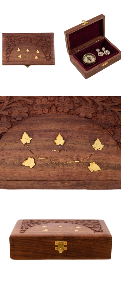 Santarms Handcrafted Carved Wooden Jewelry Box with Red Velvet Lining