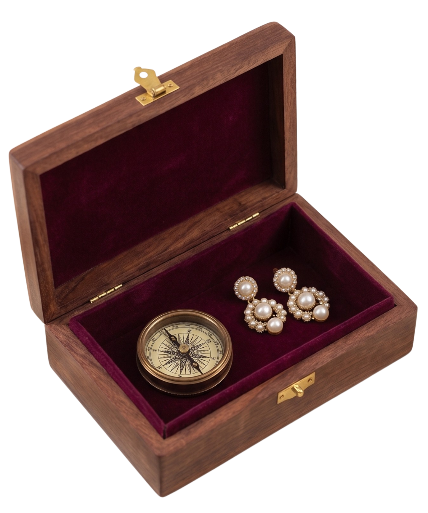 Santarms Handcrafted Carved Wooden Jewelry Box with Red Velvet Lining