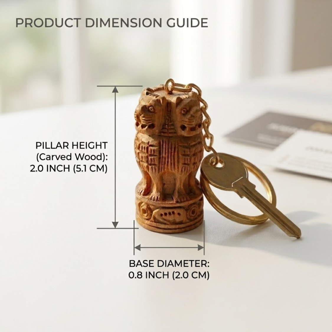 A carved wooden keychain with a multi-headed lion pillar and a brass key, shown with overlaid dimension labels for pillar height and base diameter on a light tabletop.