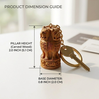 A carved wooden keychain with a multi-headed lion pillar and a brass key, shown with overlaid dimension labels for pillar height and base diameter on a light tabletop.