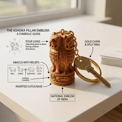 A small carved gold-toned emblem keychain sits on a white tabletop with overlaid explanatory labels and arrows. The main product appears to be an ornate lion-headed keyring with a chain and split ring, shown in a styled indoor setting with text callouts about its symbolic design.