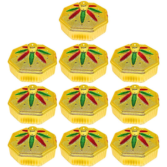 Nine small hexagonal gold keepsake boxes arranged in a 3-by-3 grid on a plain white background. Each box has a floral-style lid design with red and green leaf-like accents.