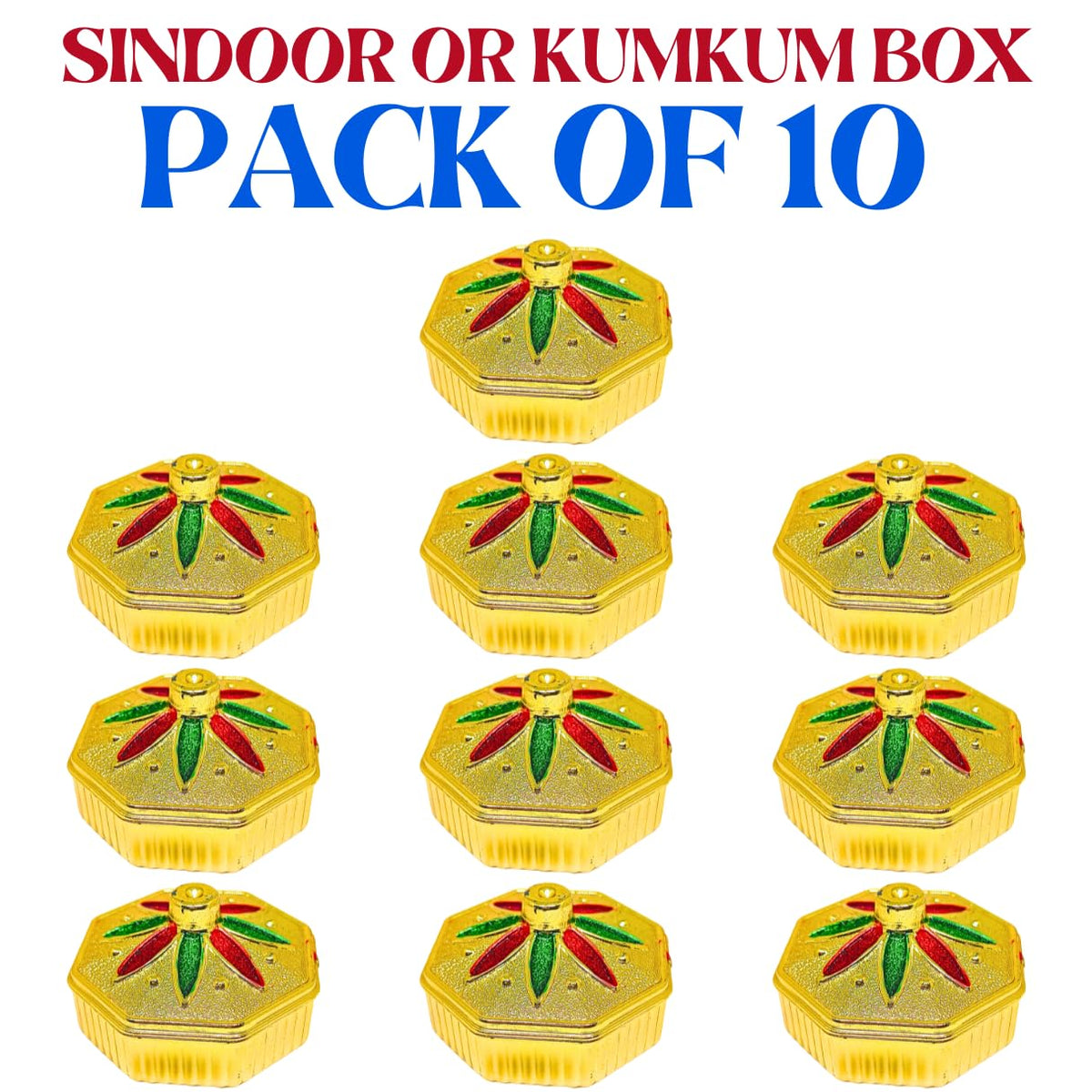Pack of 10 gold-colored octagonal kumkum boxes with red and green floral designs on the lids, displayed on a white background with red and blue text at the top reading 'SINDOOR OR KUMKUM BOX PACK OF 10'.