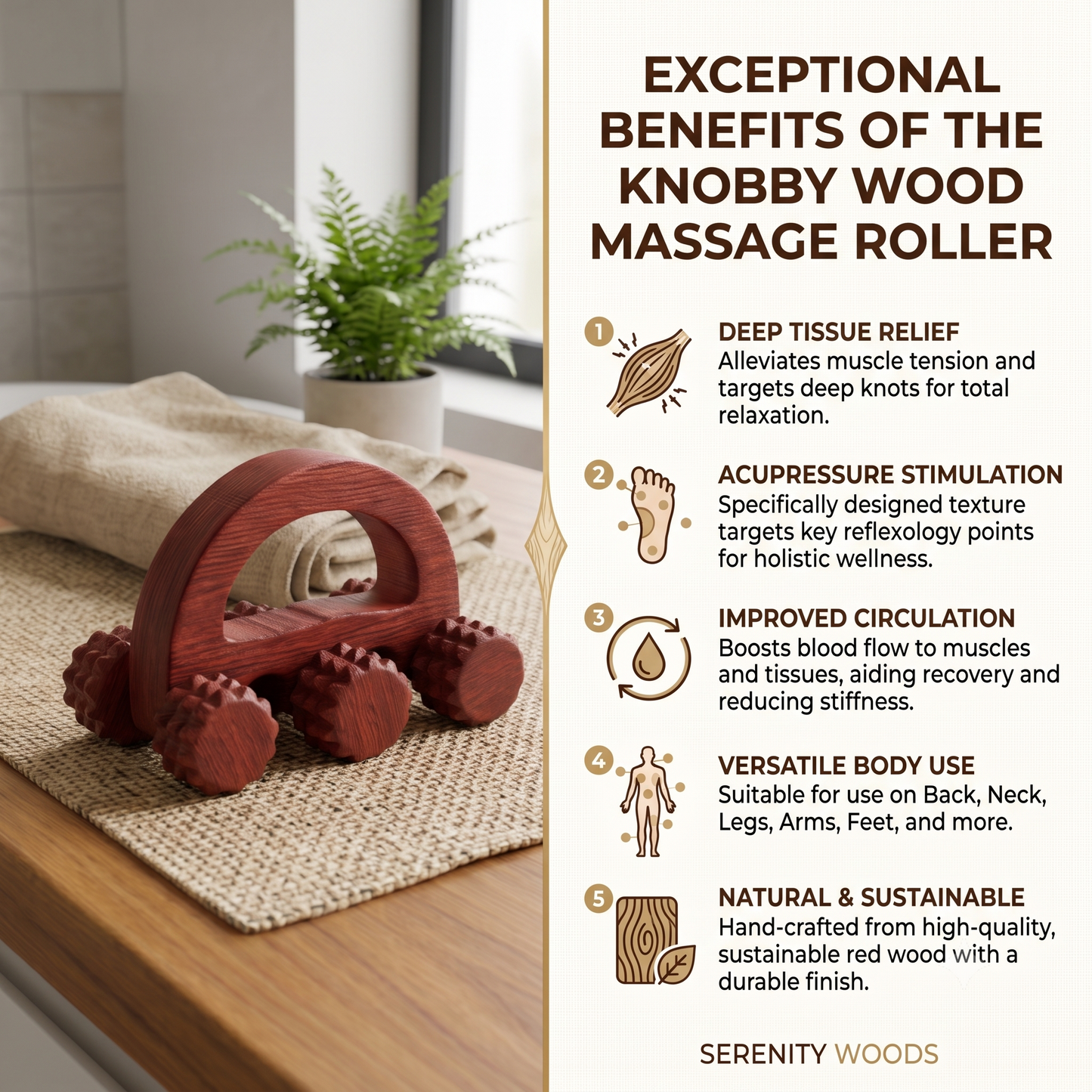 Santarms Wooden Handheld Massage Roller | 6-Wheel Acupressure Tool for Body & Back
