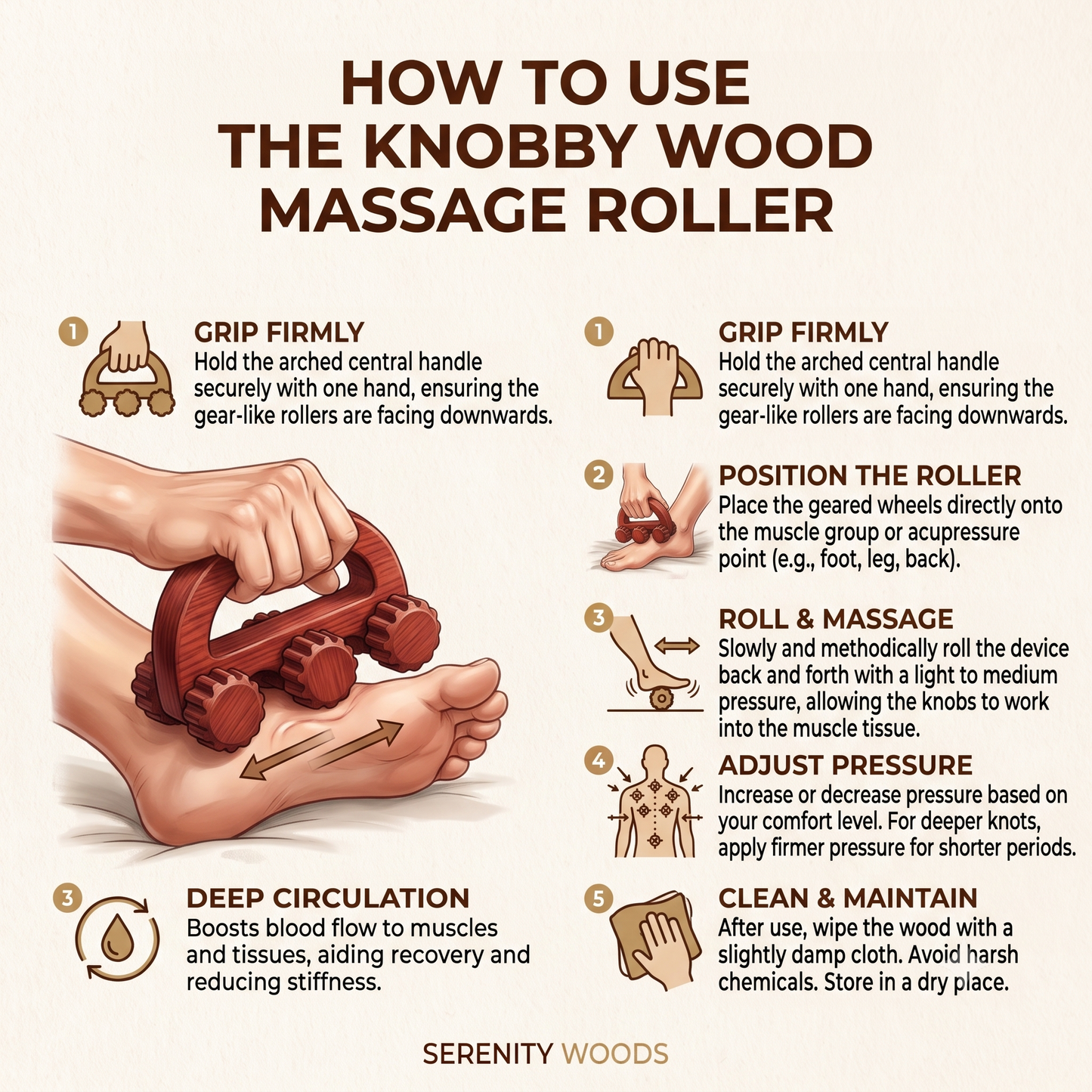 Santarms Wooden Handheld Massage Roller | 6-Wheel Acupressure Tool for Body & Back