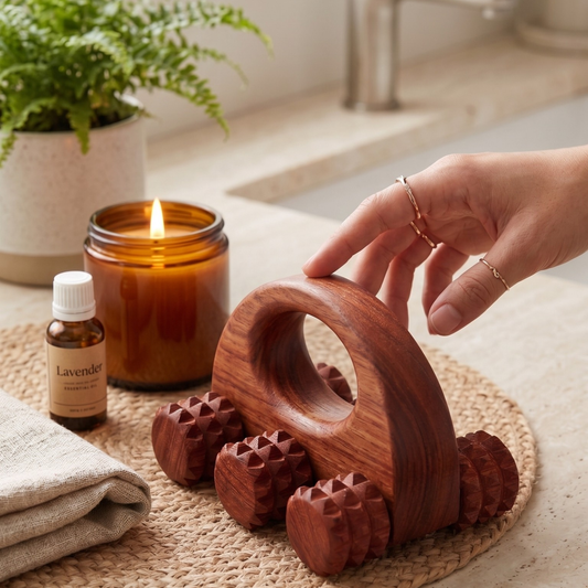 A wooden massage roller with a curved handle and textured roller balls, shown on a woven mat with a hand touching the handle. A lit amber candle, a small lavender essential oil bottle, and a potted fern are in the background.