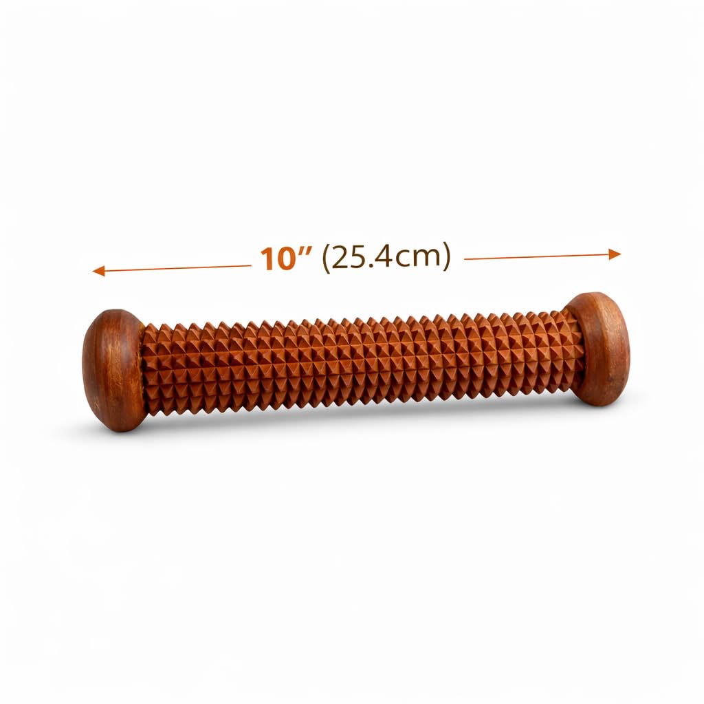 A wooden massage tool with a textured, ribbed shaft and rounded ends, shown on a white background with a dimension overlay indicating its length is 10 inches (25.4 cm).