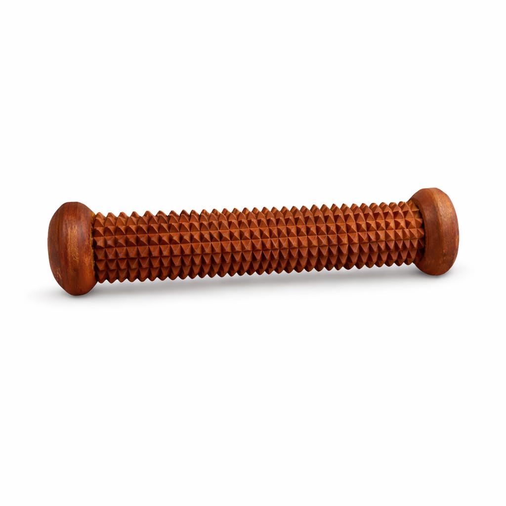 A wooden massage tool with a textured, ridged center and rounded ends, shown on a plain white background.