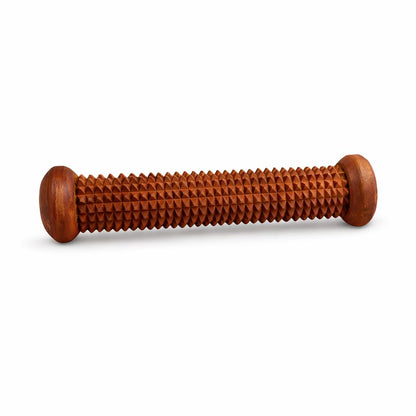 A wooden massage tool with a textured, ridged center and rounded ends, shown on a plain white background.