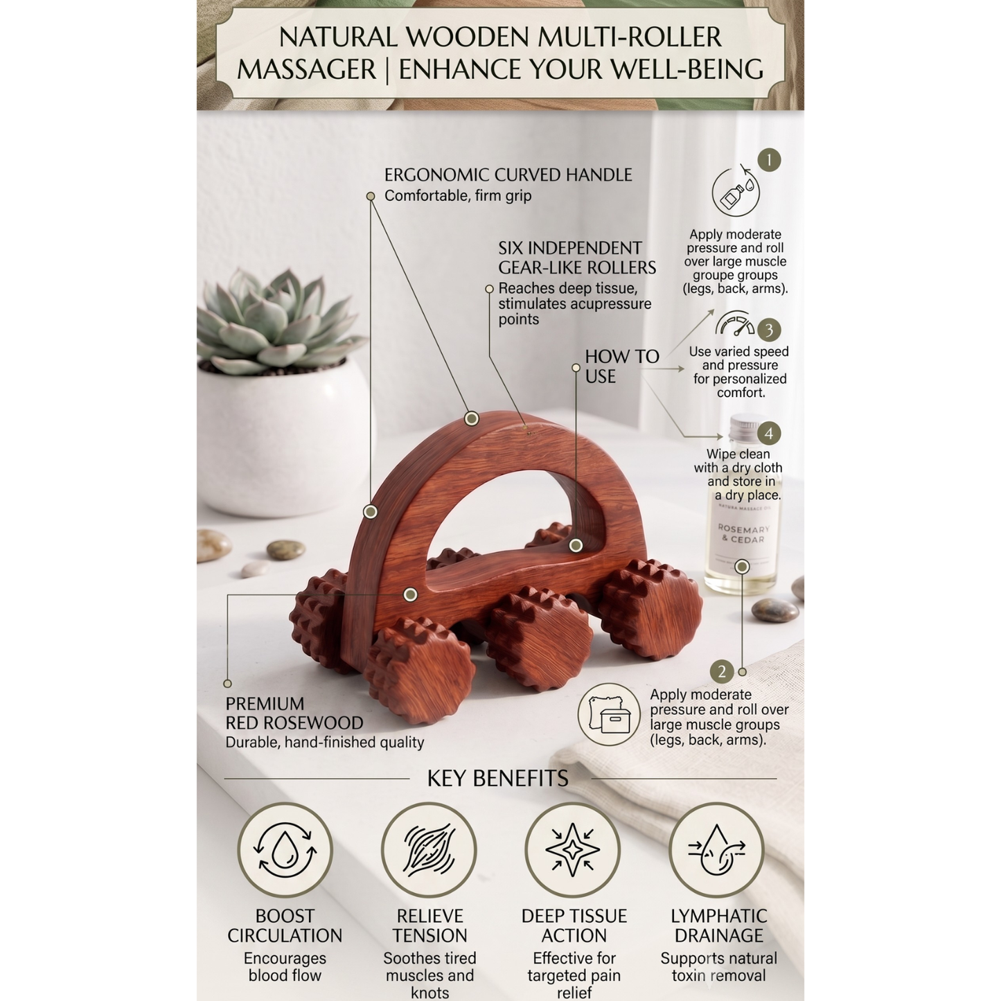 Santarms Wooden Handheld Massage Roller | 6-Wheel Acupressure Tool for Body & Back