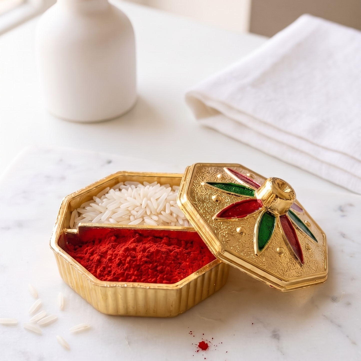 Santarms Traditional Hexagonal Meenakari Sindoor Box With Roli Chawal | Pack Of 6