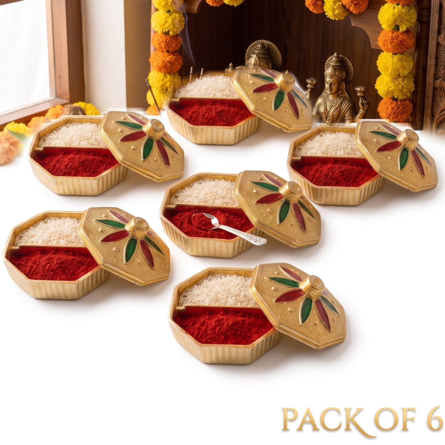 Santarms Traditional Hexagonal Meenakari Sindoor Box With Roli Chawal | Pack Of 6